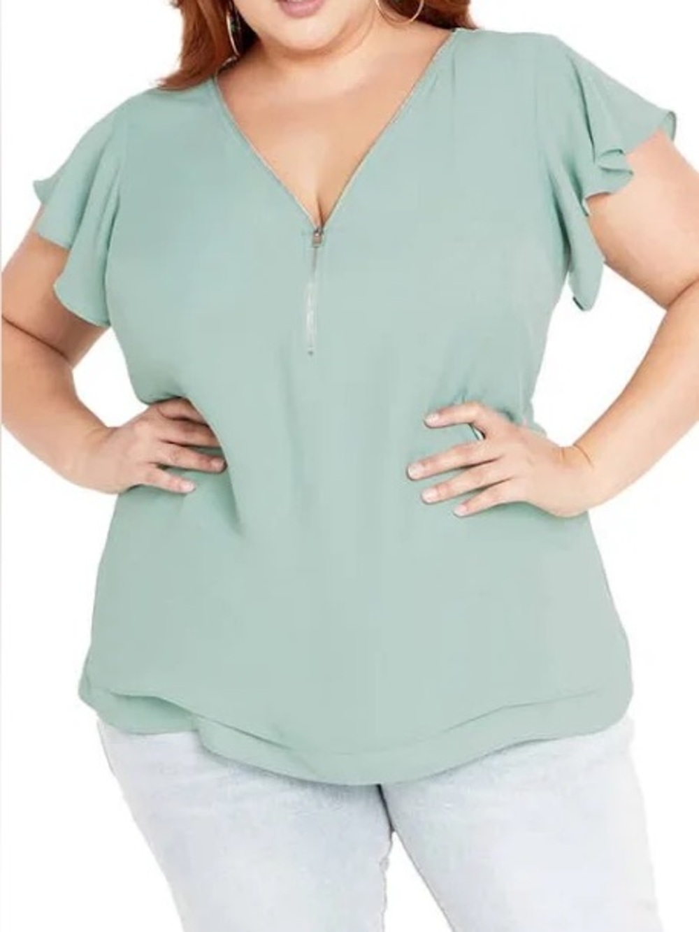 City Chic Seafoam Zip Front Ruffle Sleeve Top